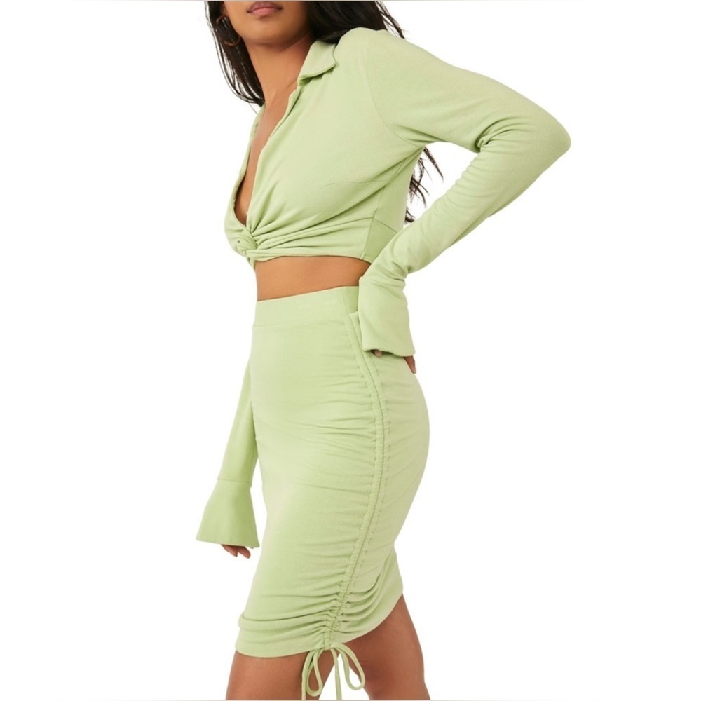 FREE PEOPLE Clara Ruched Long Sleeve Shirt & Skirt Set in La Pera Large NWT - Picture 5 of 16